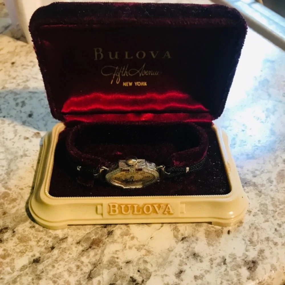 1920 Art Deco Bulova Watch with Ruby Bejeweled Case and Authentic Box